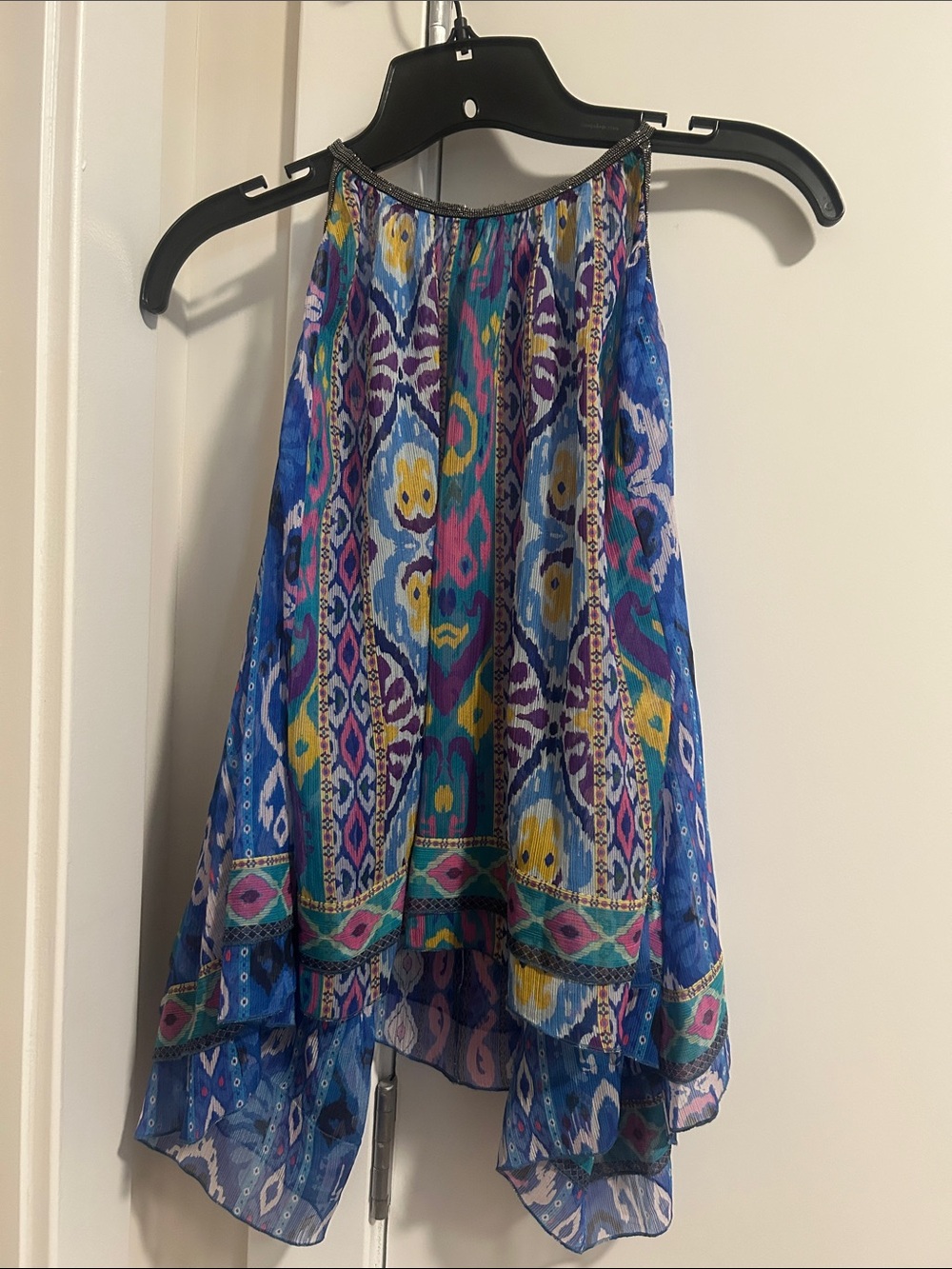 Zara Blue-Pink-Purple Printed Beaded-Neck Blouse